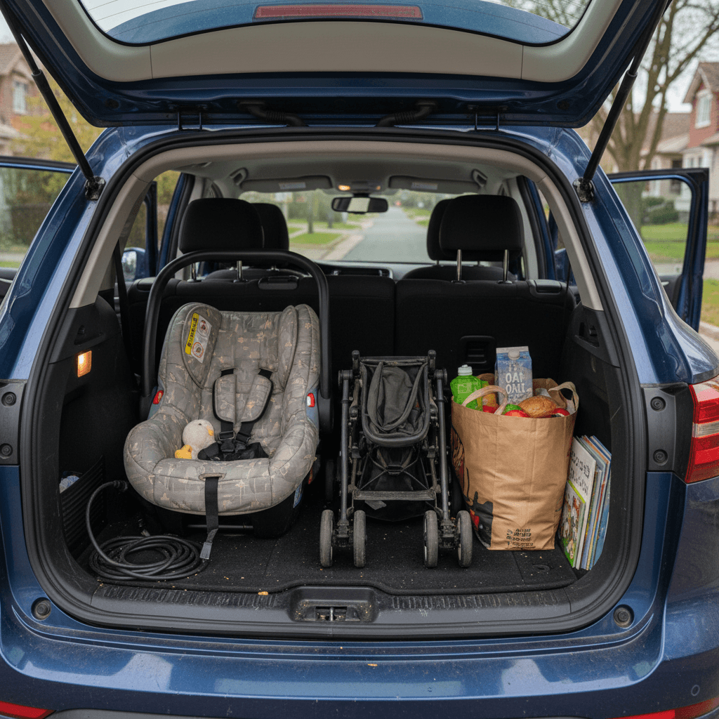 Interior of a compact electric crossover loaded with a rear-facing car seat, stroller, and groceries in the cargo area