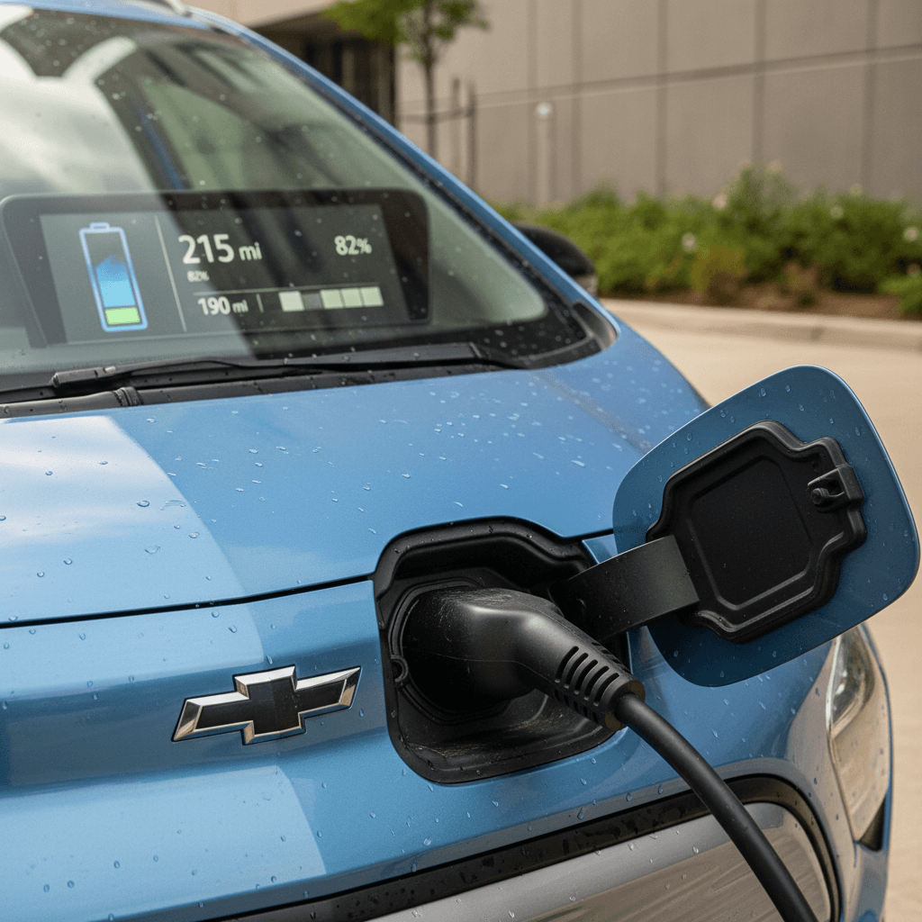 Chevrolet Bolt EUV charging in a driveway while driver checks battery range on dashboard