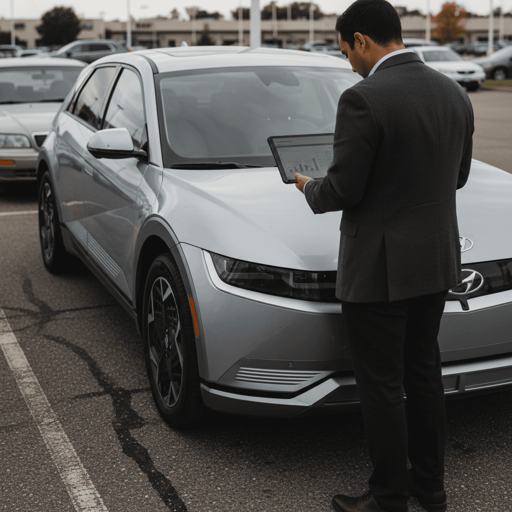 Used 2024 Hyundai Ioniq 5 parked at a dealership while a salesperson and owner review a trade-in quote on a tablet