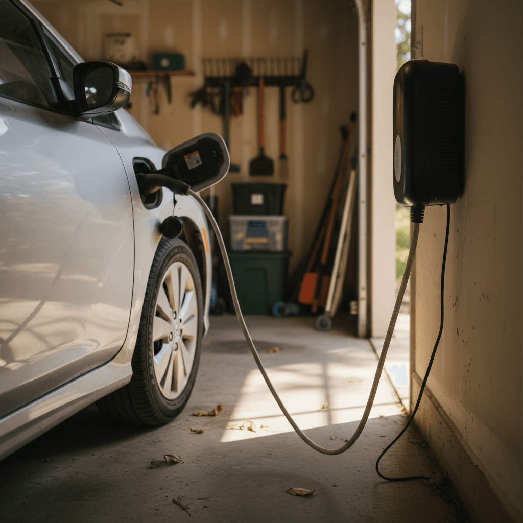 Home garage in Georgia with a wall-mounted Level 2 EV charger connected to a used electric SUV