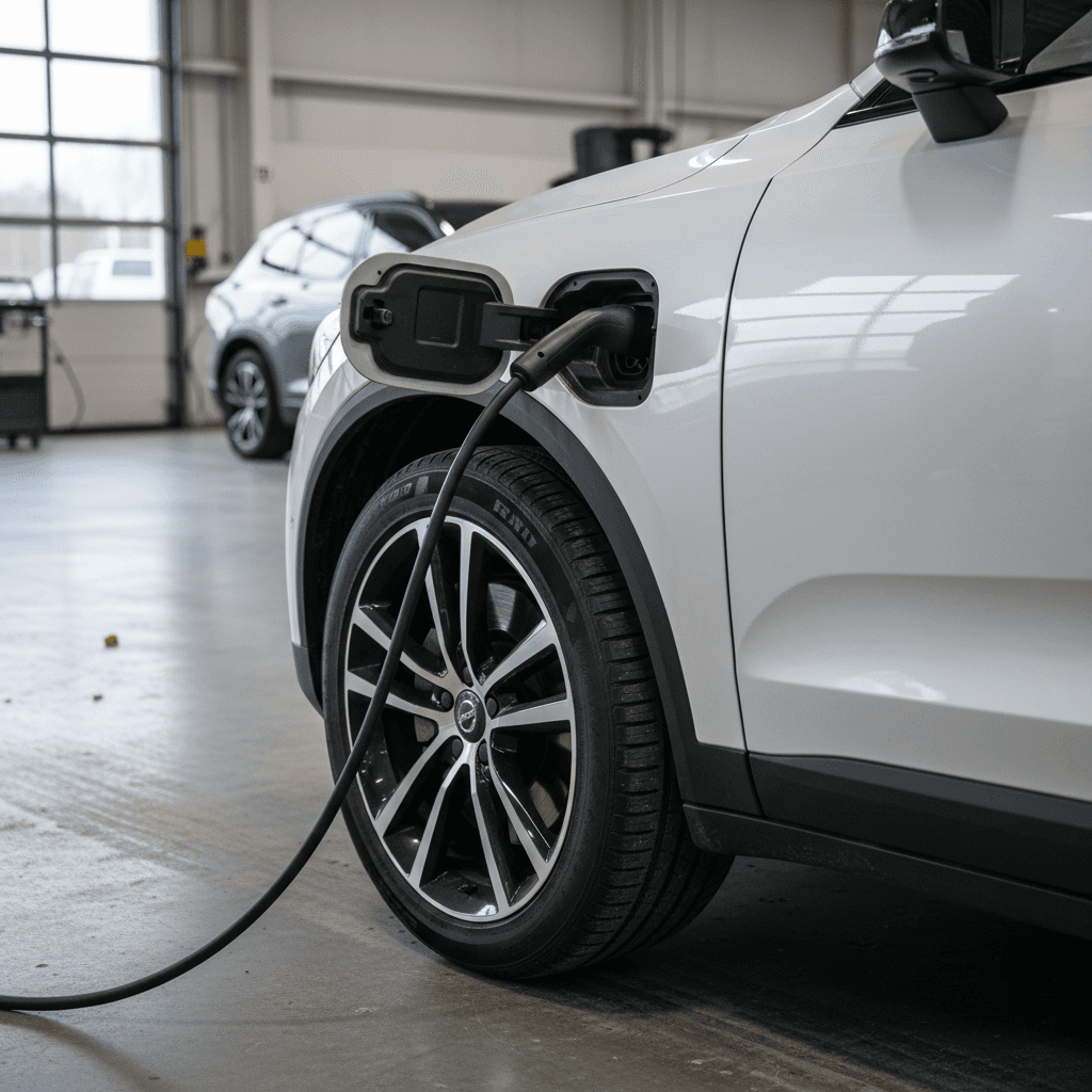 Technician inspecting the charging port and wheel of a Volvo EX90 during a trade-in appraisal