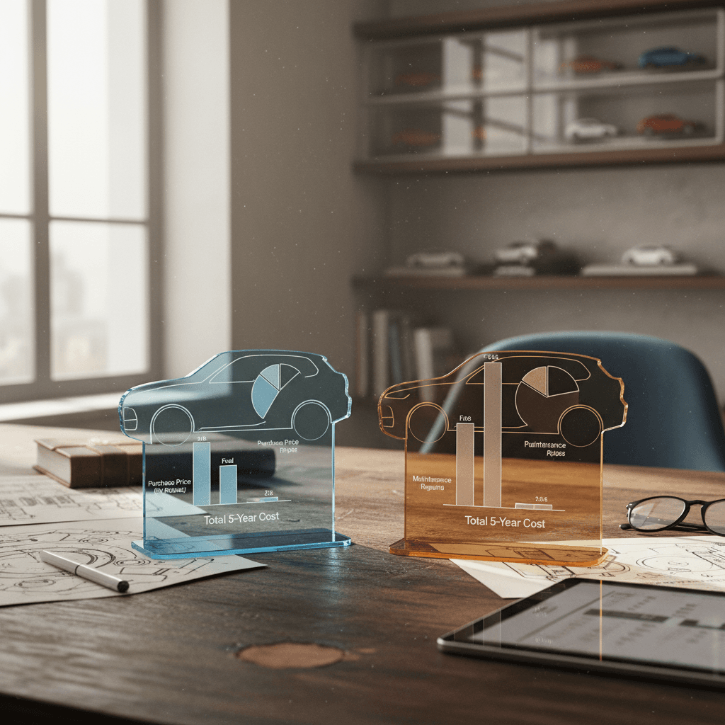 Side-by-side comparison graphic showing BMW iX and BMW X5 with cost categories like energy, depreciation, and maintenance highlighted