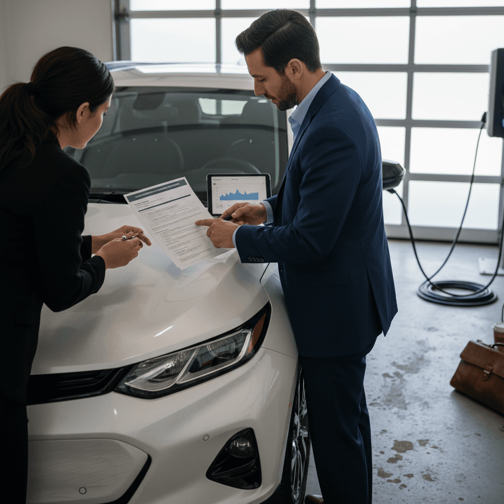 Driver reviewing insurance documents with an agent beside a modern electric SUV