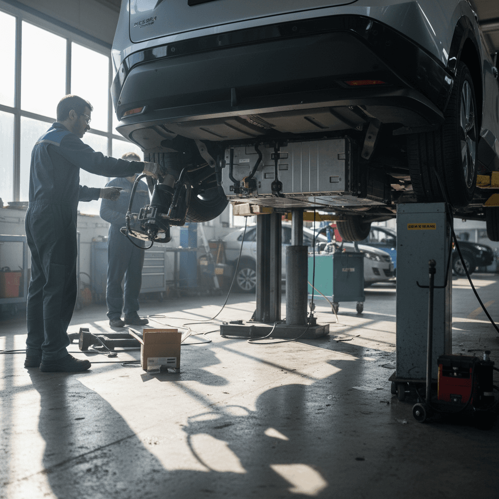 Nissan Ariya on a lift with its large underfloor battery pack visible during service