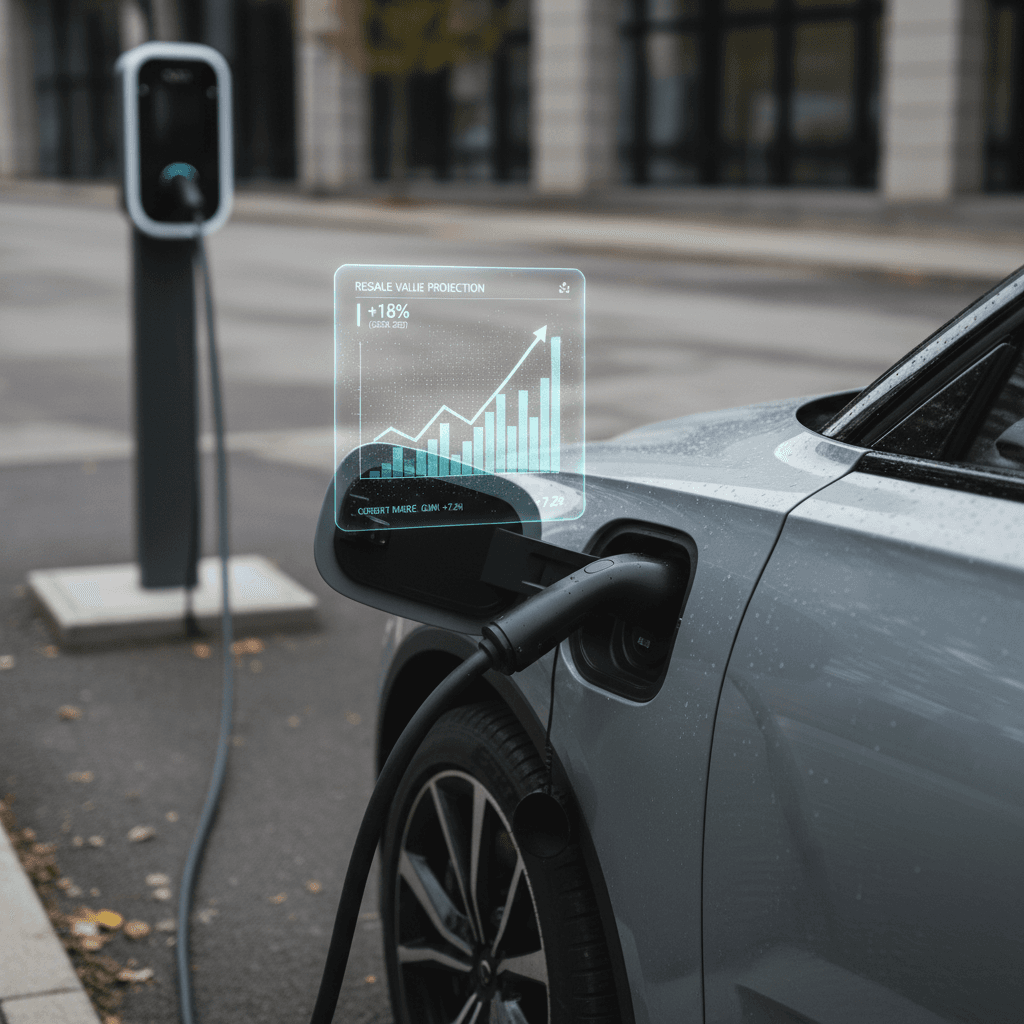 2024 Polestar 2 charging at a public station with resale value metrics shown on a digital overlay