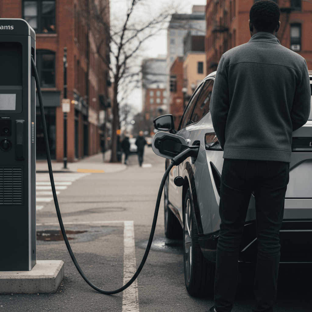 Driver plugging a 2025 Nissan Ariya into a public DC fast charger in an urban setting