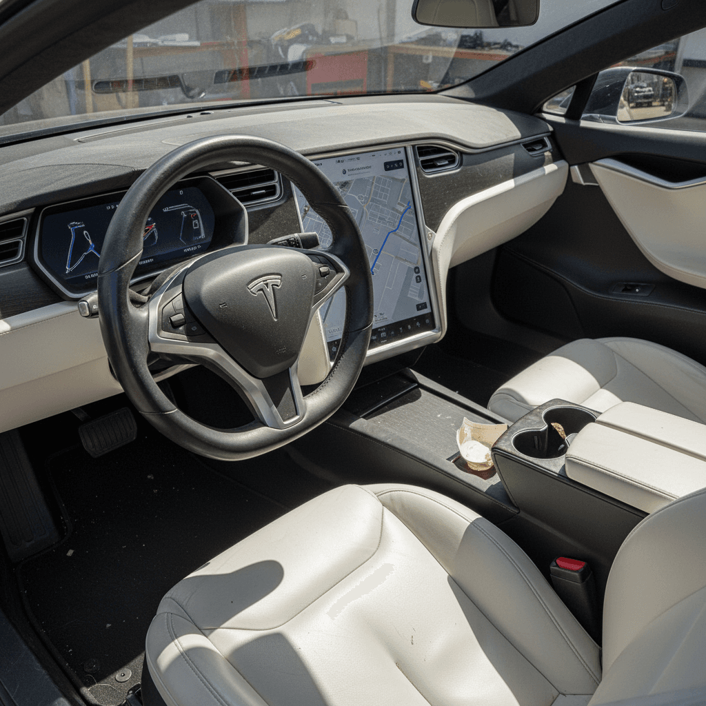 2021 Tesla Model S interior with yoke steering and wide center touchscreen