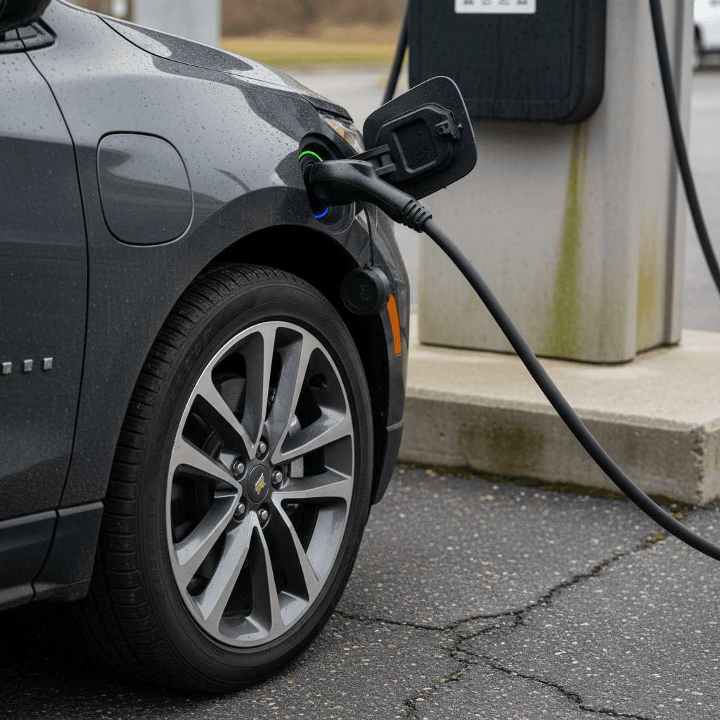 2025 Chevrolet Equinox EV plugged into a DC fast charger, showing the front wheel and charge port
