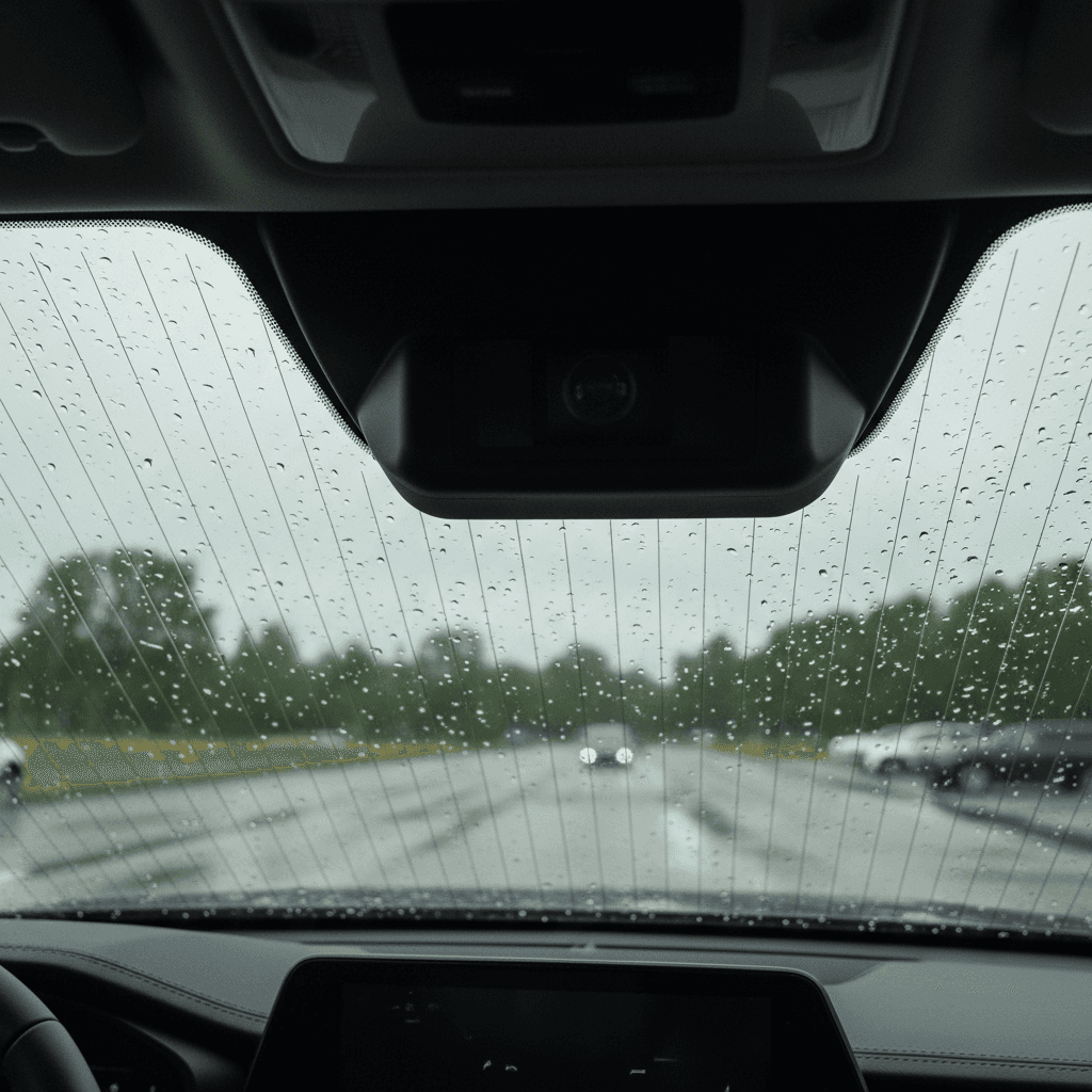 Front view of a Toyota bZ4X in rain showing windshield, camera housing, and defroster lines