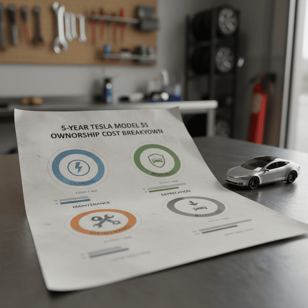 Illustrated breakdown of Tesla Model S 5-year ownership costs showing slices for depreciation, charging, insurance and maintenance