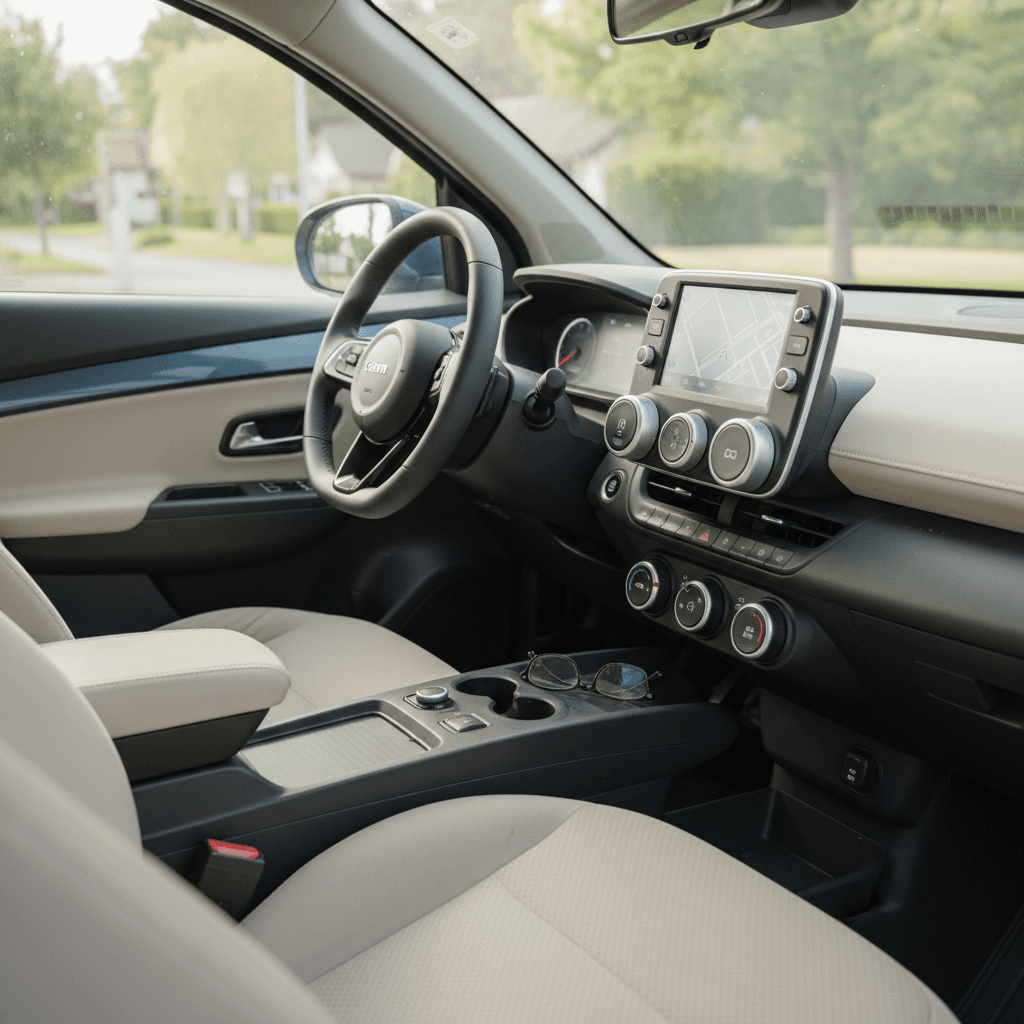 Electric car interior with high seating position, straightforward controls, and large, easy-to-read buttons suited for older drivers