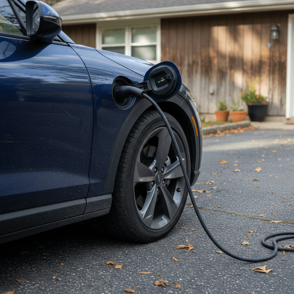 Close-up of a Genesis GV60 plugged into a home charger, emphasizing condition and battery health before selling