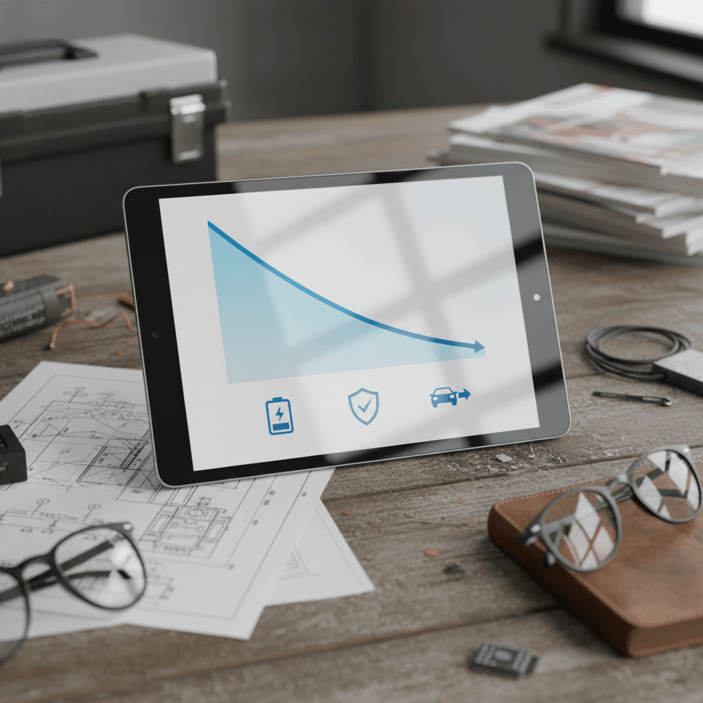 Line chart showing a Kia Niro EV depreciation curve over 10 years with callouts for warranty coverage and typical resale value points