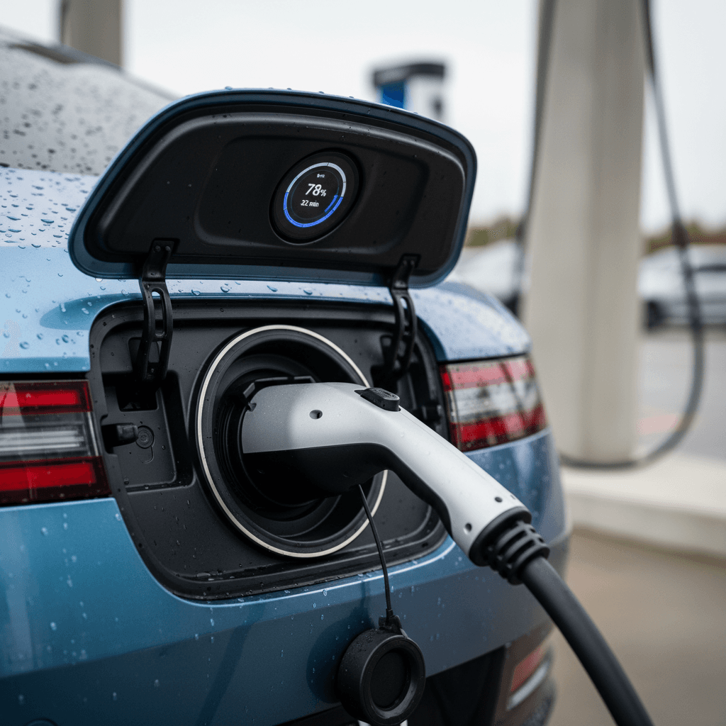 Close view of a Genesis GV60 CCS fast charging connector latched into the charge port while the car displays charging speed on screen