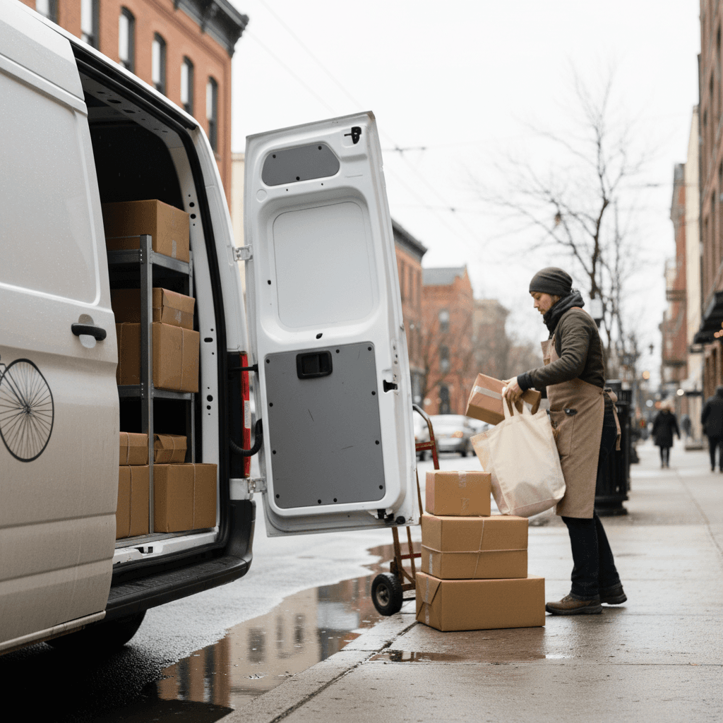 Small business owner loading packages into a modern electric cargo van at a city curbside
