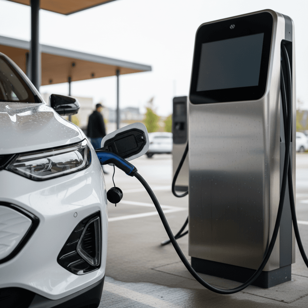2026 Chevrolet Equinox EV charging at a public DC fast charging station