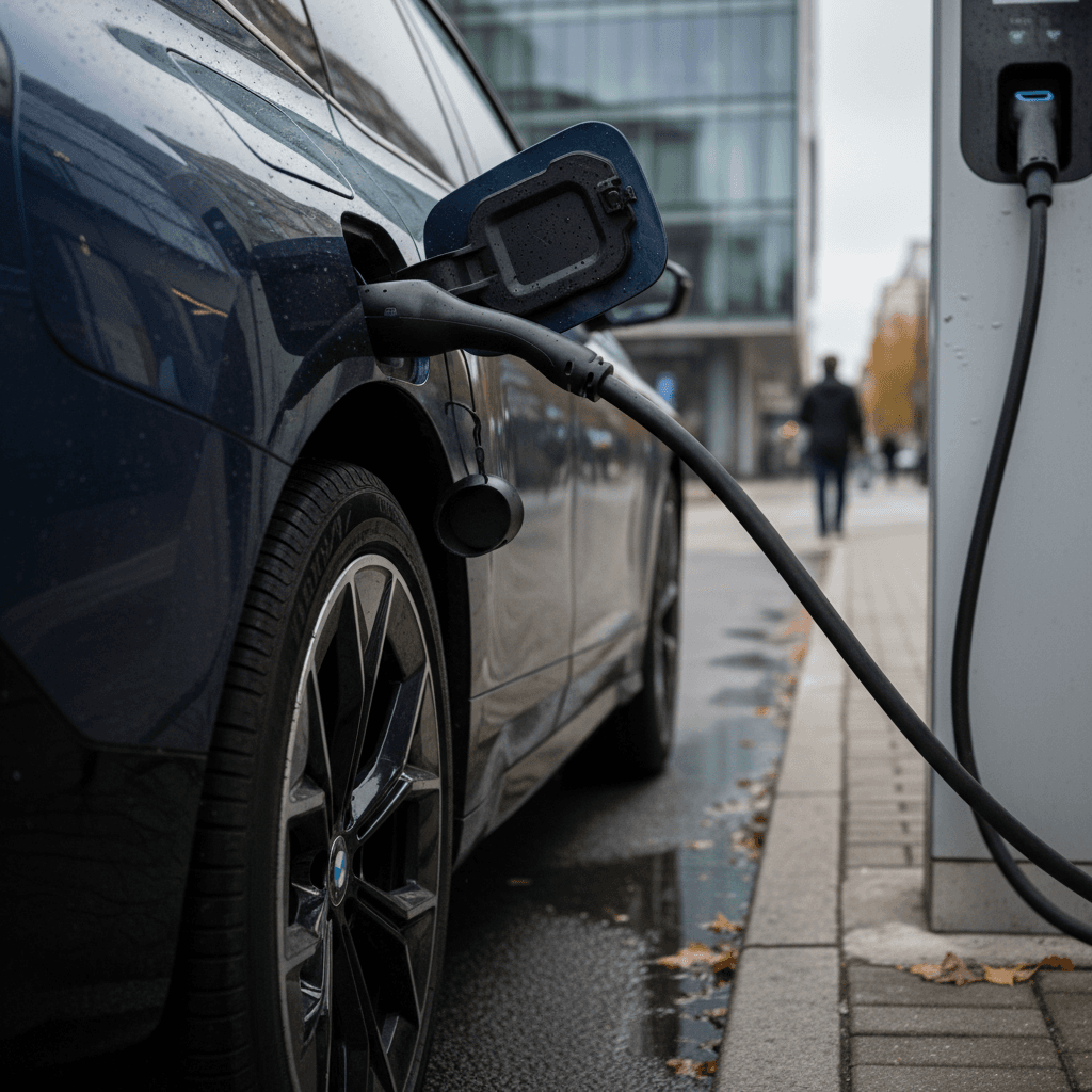 BMW iX wheel and tire close-up at a fast charger, illustrating tire wear costs as part of annual ownership