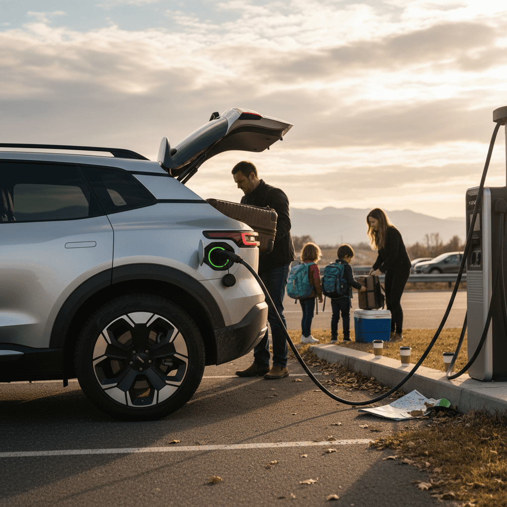 Electric SUV plugged into a highway fast charger while a family loads luggage for a long road trip