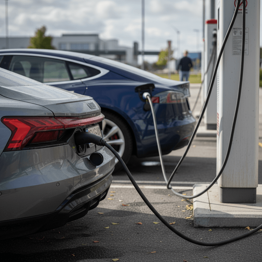Audi e-tron GT and Tesla Model S charging side by side at fast chargers