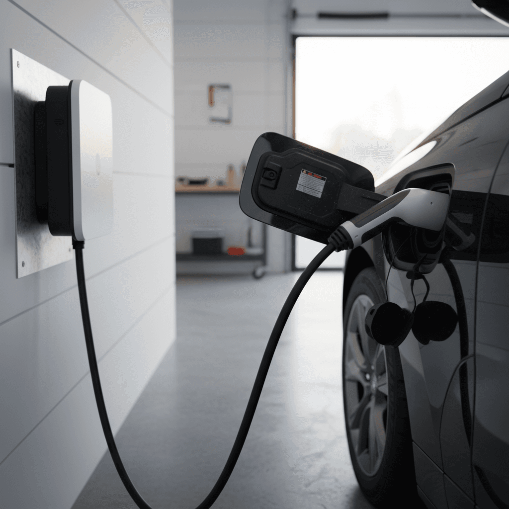 BMW iX plugged into a Level 2 wallbox charger in a home garage, showing typical home charging setup