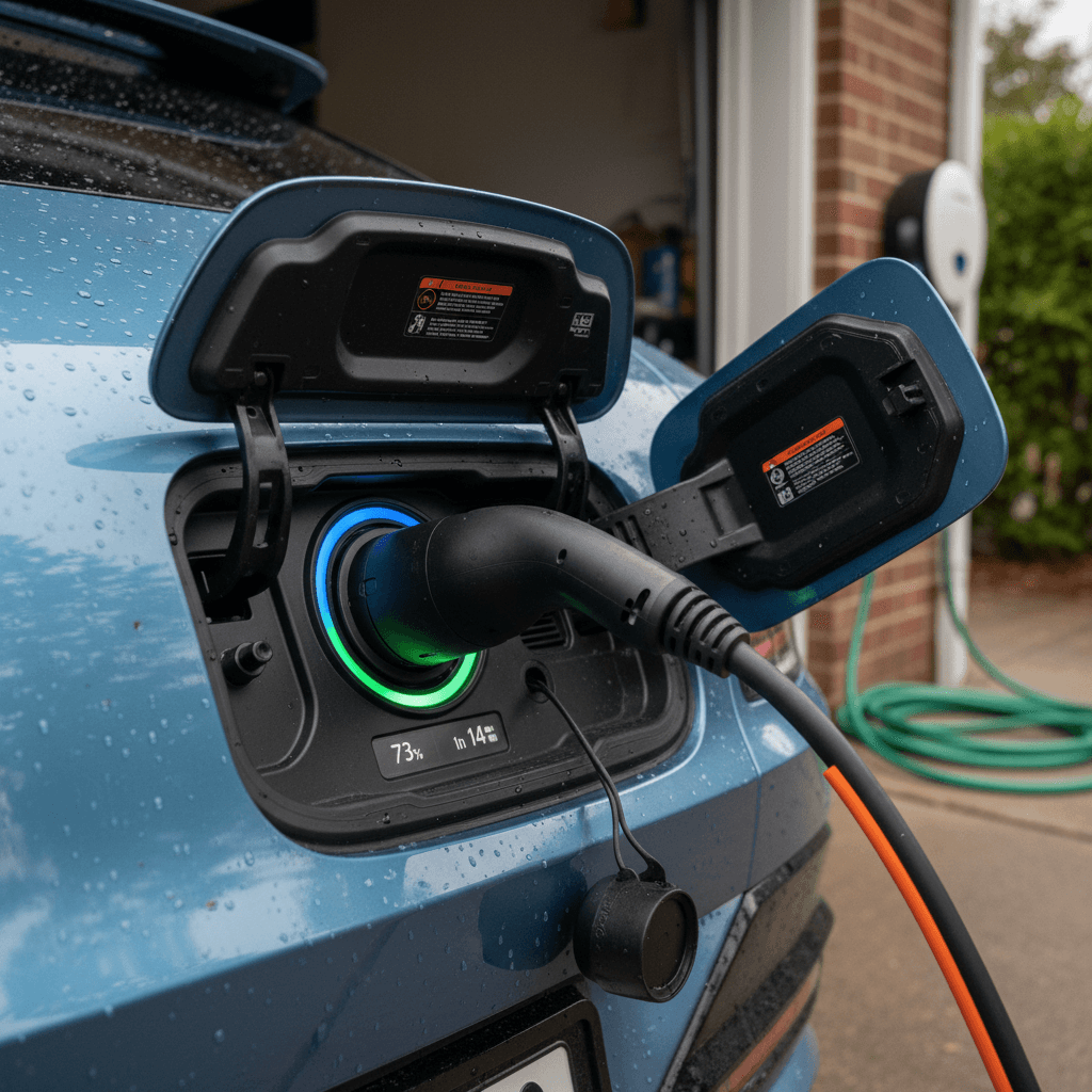 Close-up of a Kia EV6 plugged into a home Level 2 charger with charging status illuminated