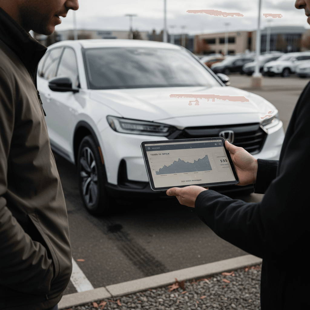 Salesperson and owner reviewing a battery health report for a used Honda Prologue on a tablet