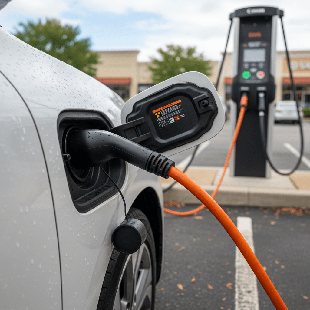 2020 Kia Niro EV plugged into a public DC fast charger showing charging status on screen