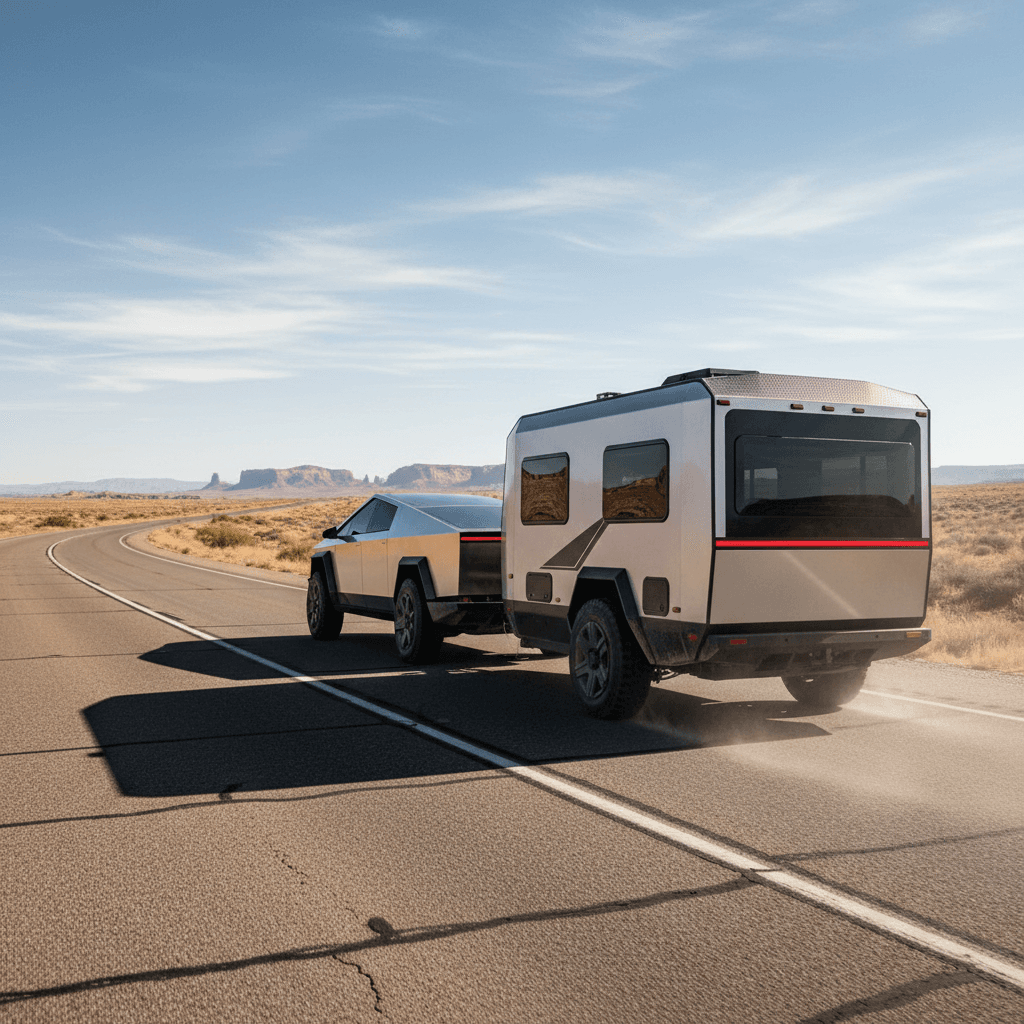 Tesla Cybertruck towing a mid-size travel trailer on a highway, illustrating how towing impacts real-world range