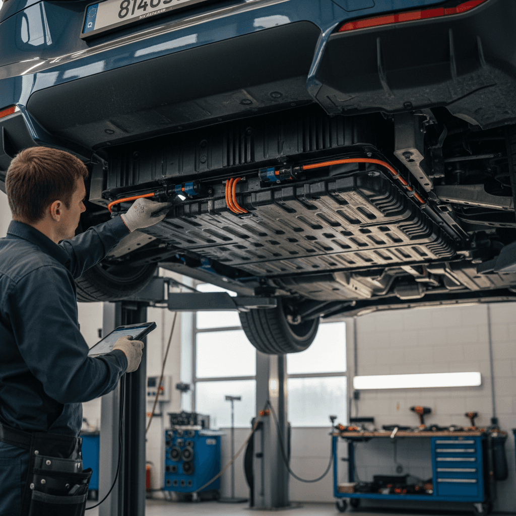 Technician inspecting the underbody high-voltage battery pack of a BMW iX electric SUV on a shop lift