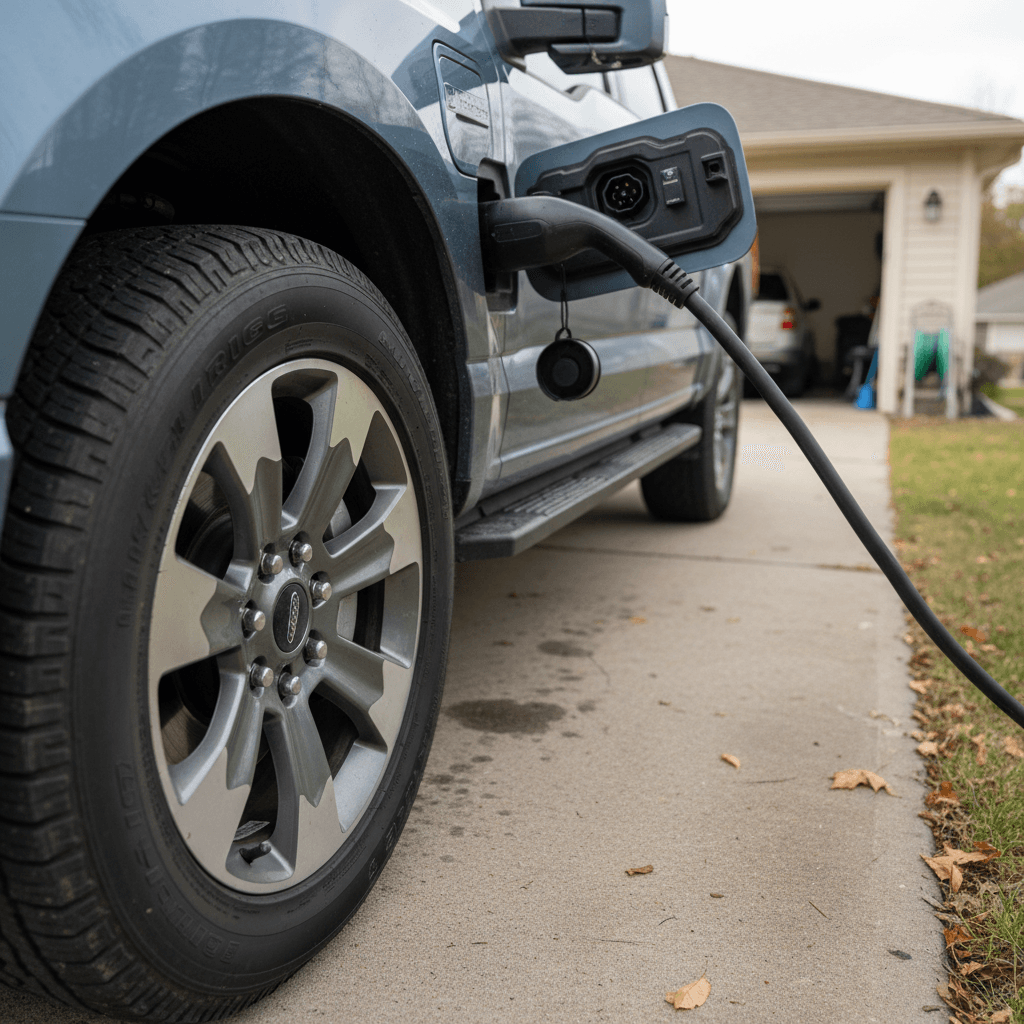 Ford F-150 Lightning front wheel and charging port while plugged in at a home charging station