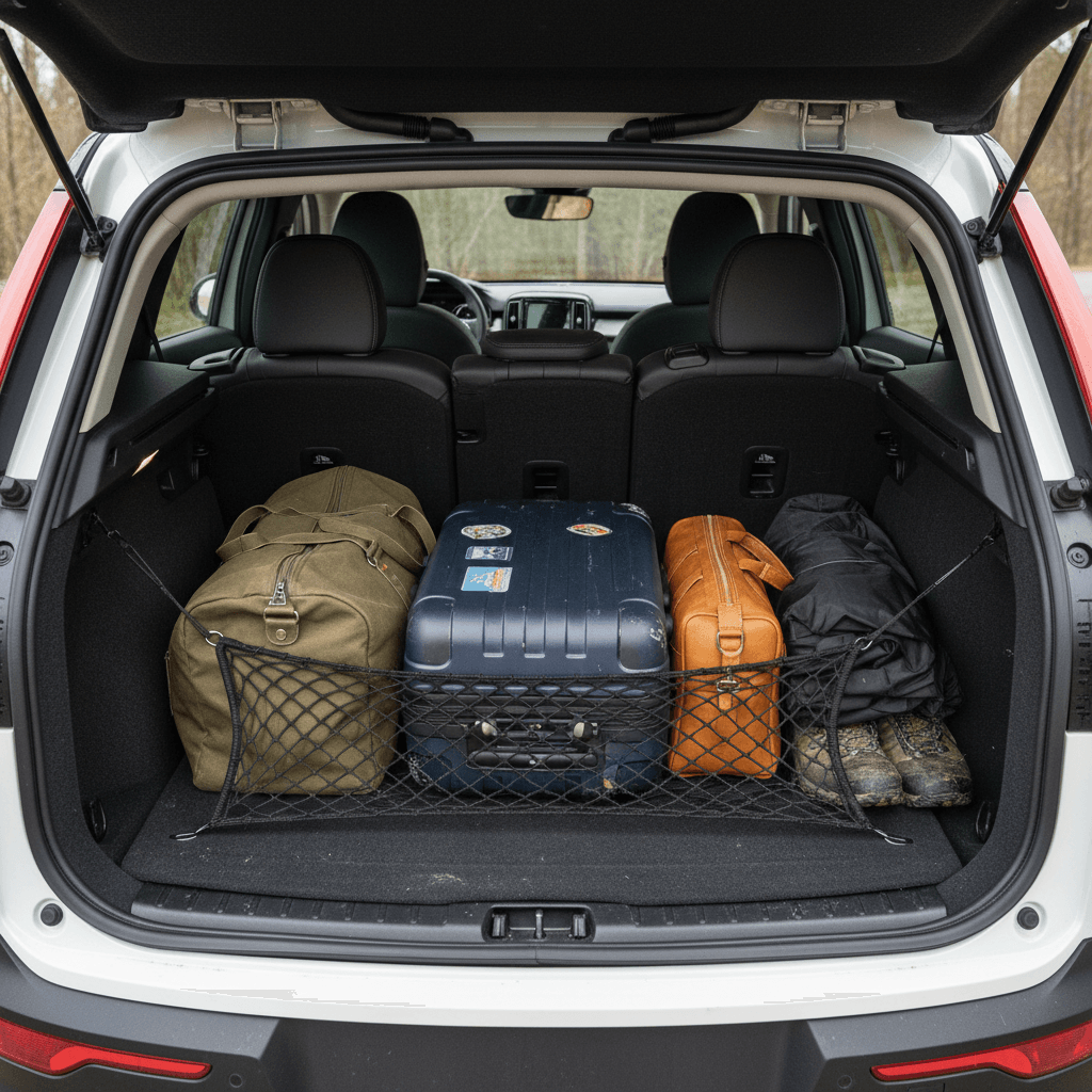 Rear cargo area of a Volvo EX30 with rear seats folded flat and luggage loaded to show available space