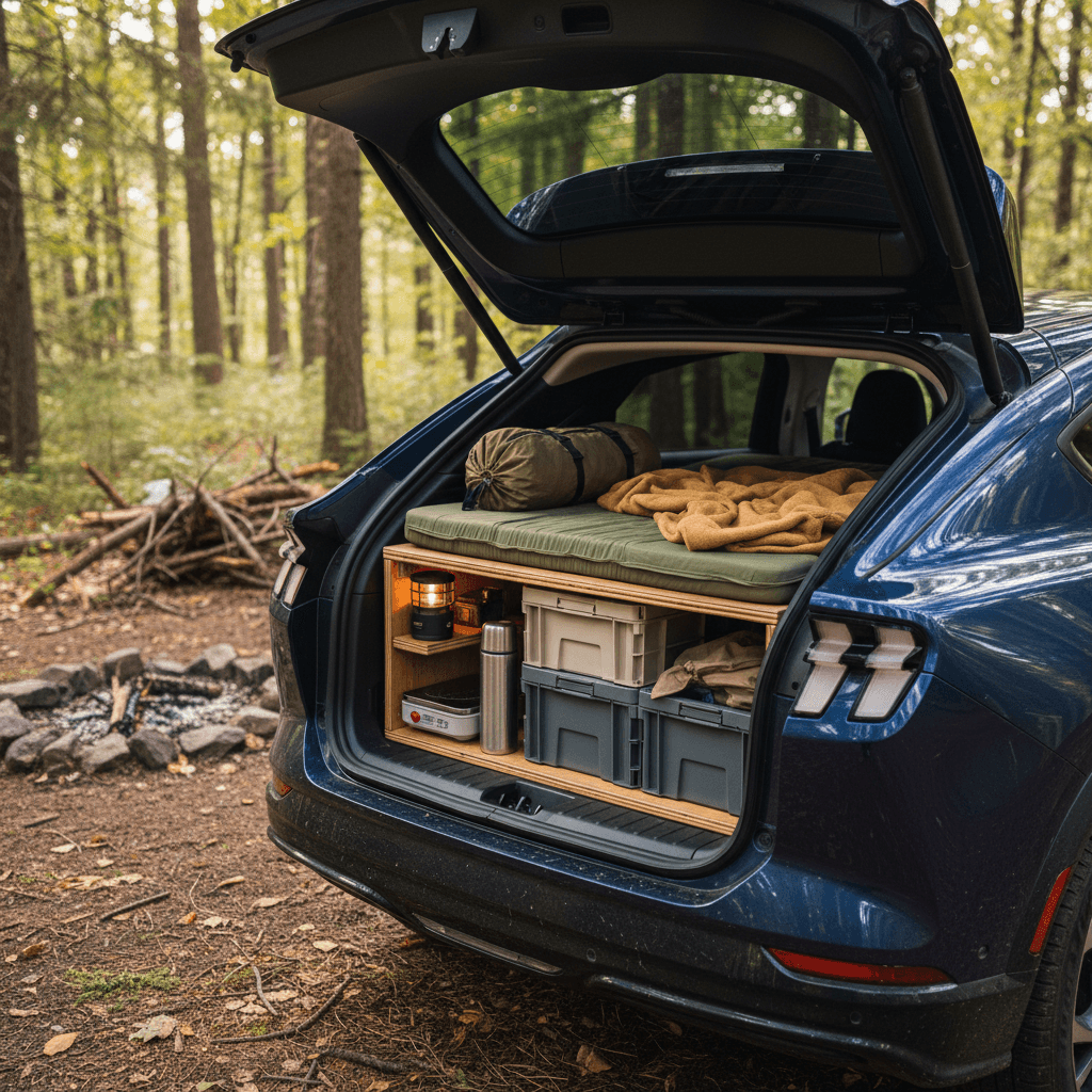 Ford Mustang Mach-E with rear hatch open showing camping platform and gear organized in the cargo area