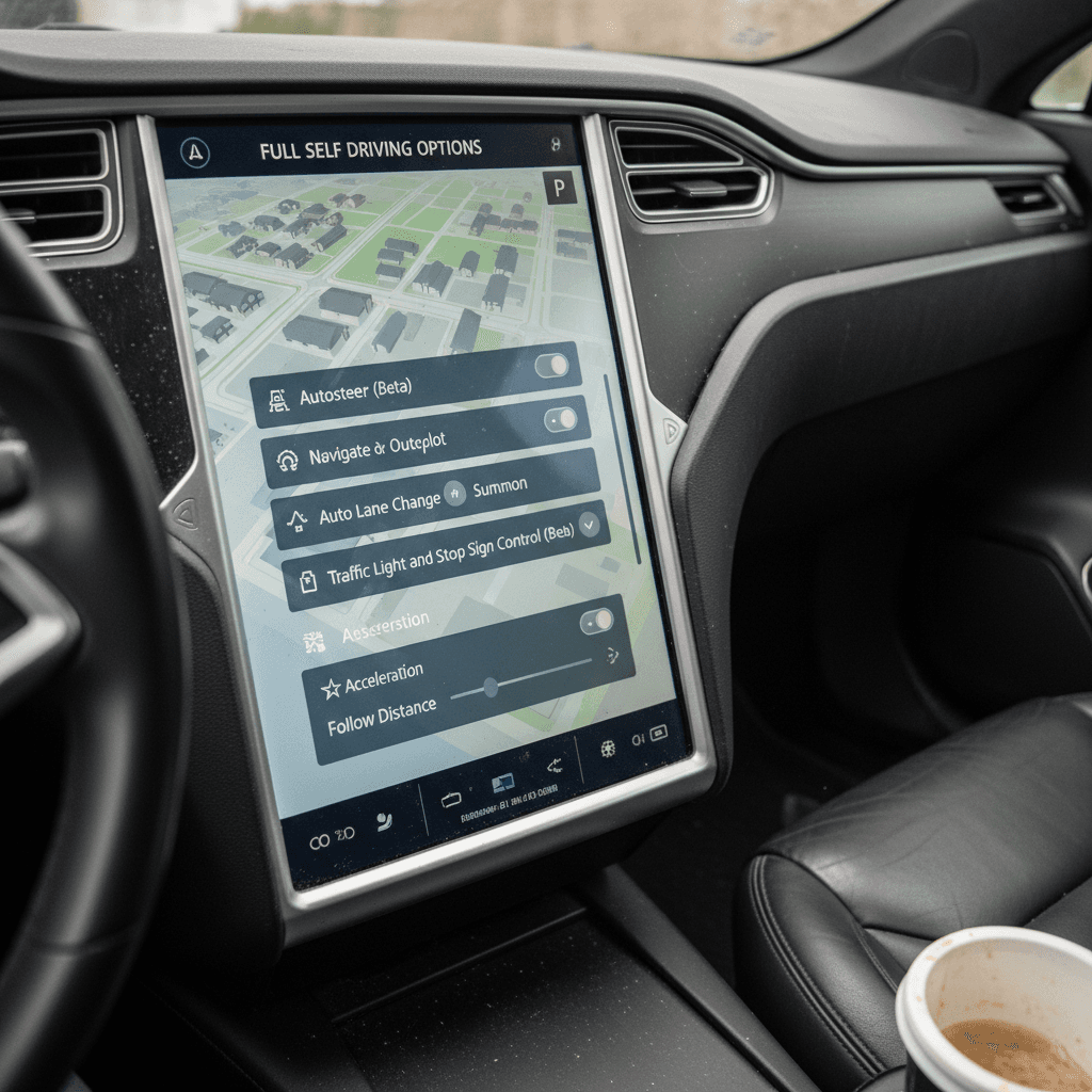 Tesla center touchscreen showing Autopilot and Full Self-Driving options in the settings menu