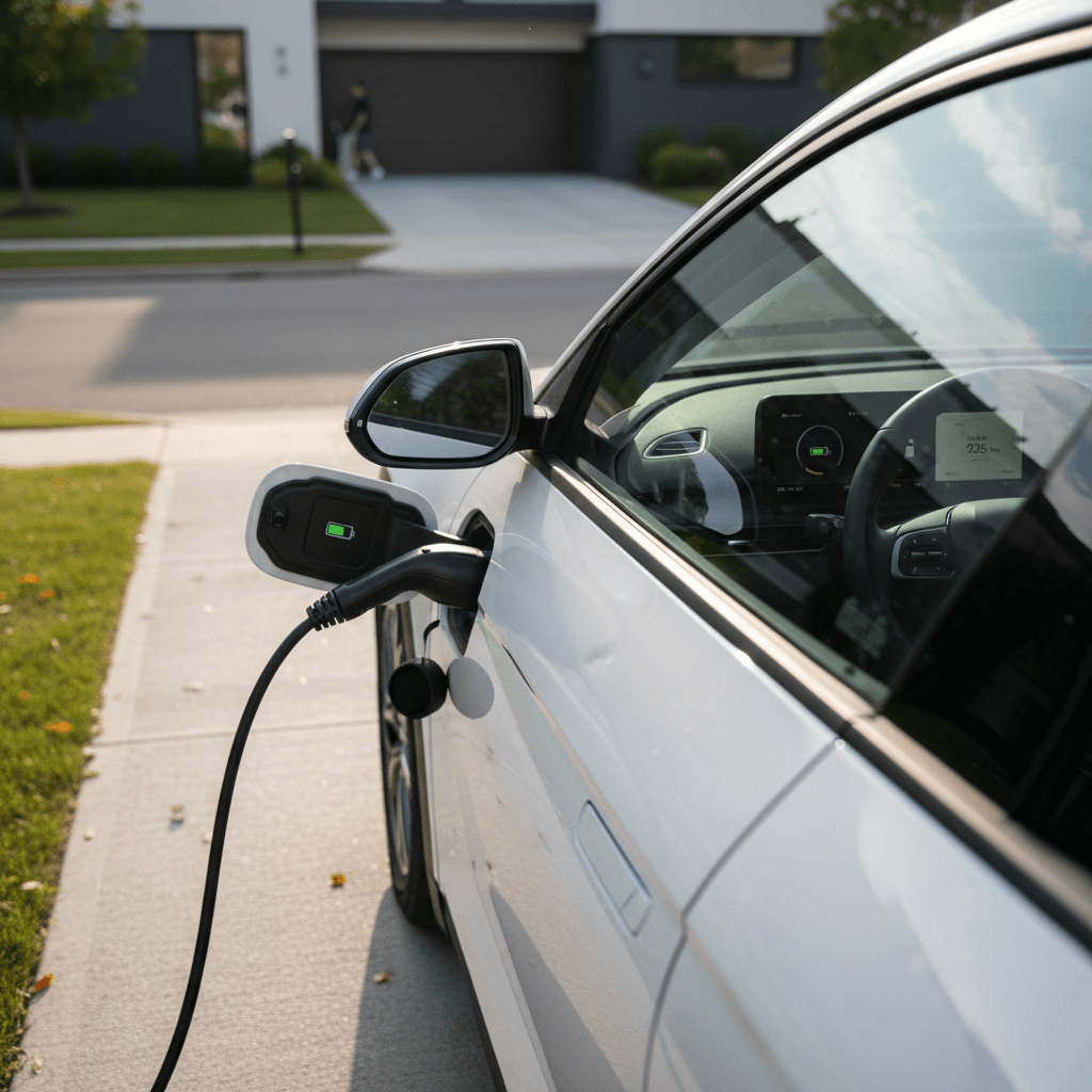 Hyundai IONIQ 5 parked in a driveway, plugged into a home charger, with interior screens visible through the window
