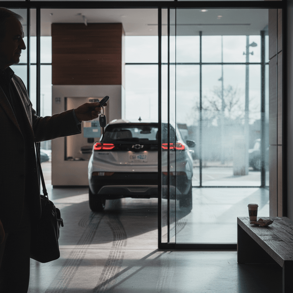 Used Chevrolet Bolt EUV being handed off to a buyer in a clean delivery area