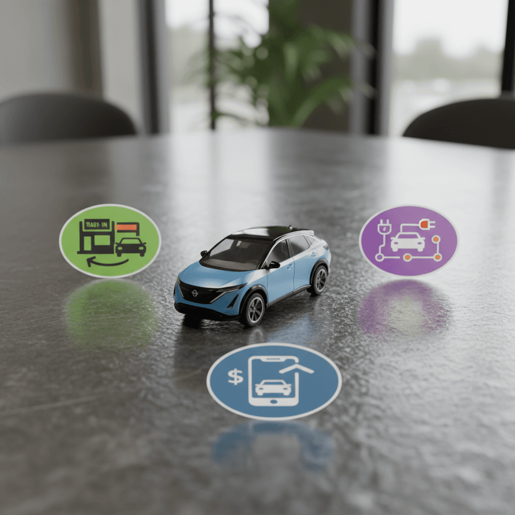 Illustration of a Nissan Ariya surrounded by icons representing online buyers, dealerships, and an EV-focused marketplace