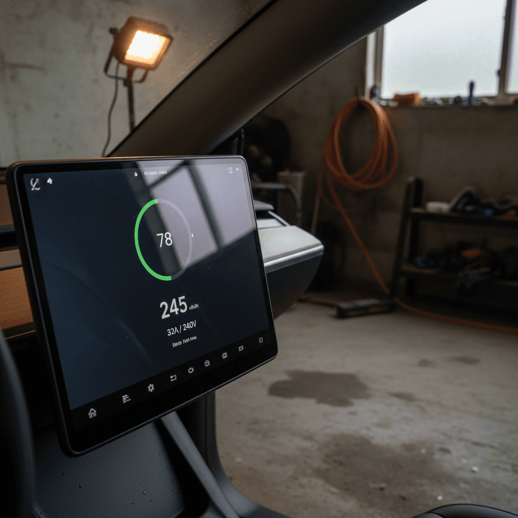 Tesla Model 3 charging in a home garage while the touchscreen displays battery percentage and estimated range