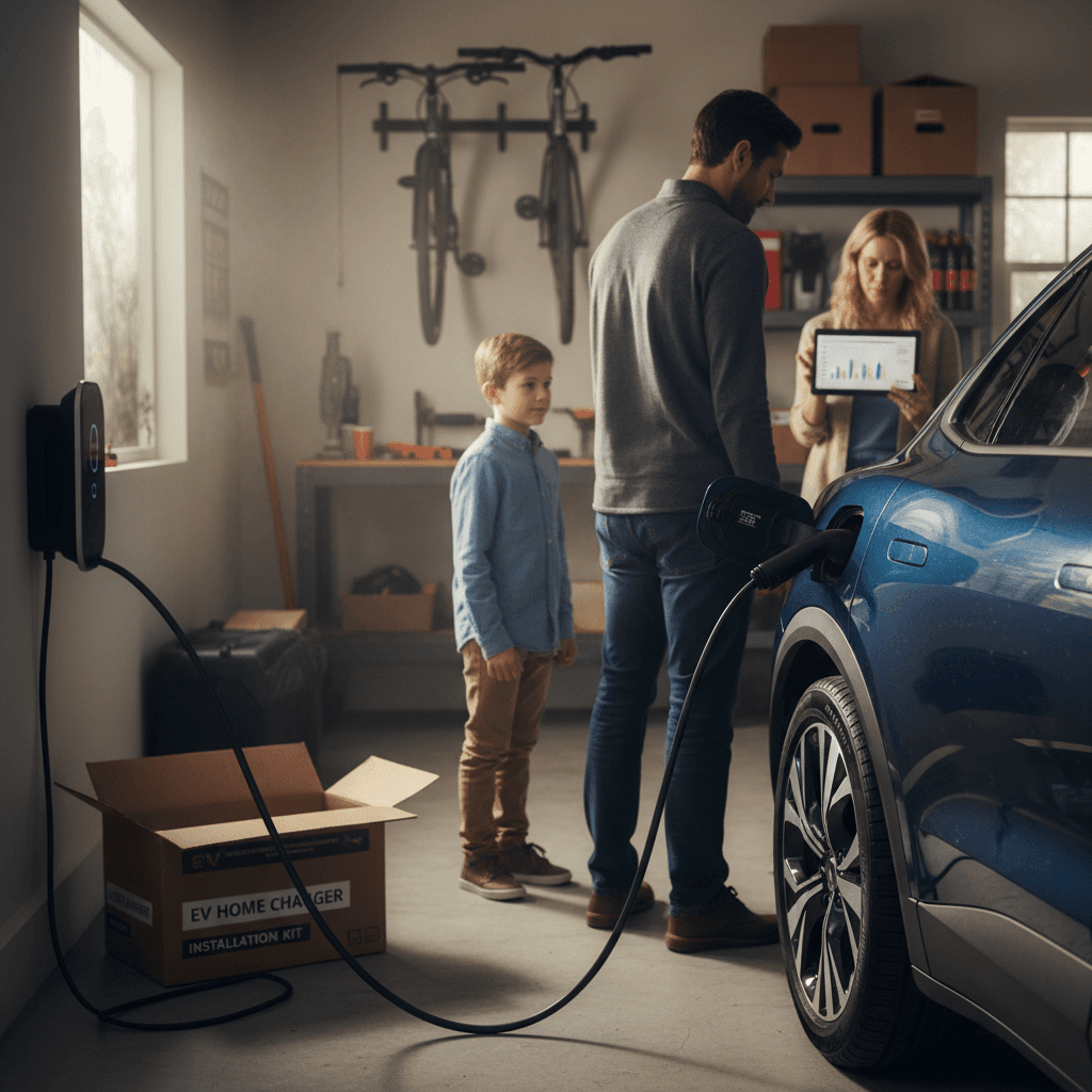 Family plugging in an electric car to a home charger in a suburban garage