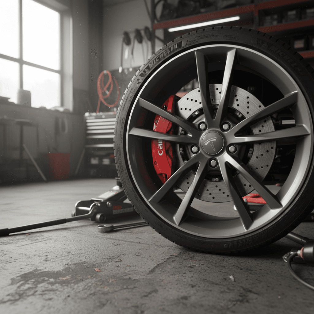 Mechanic inspecting a Tesla Model S wheel and brake components on a lift