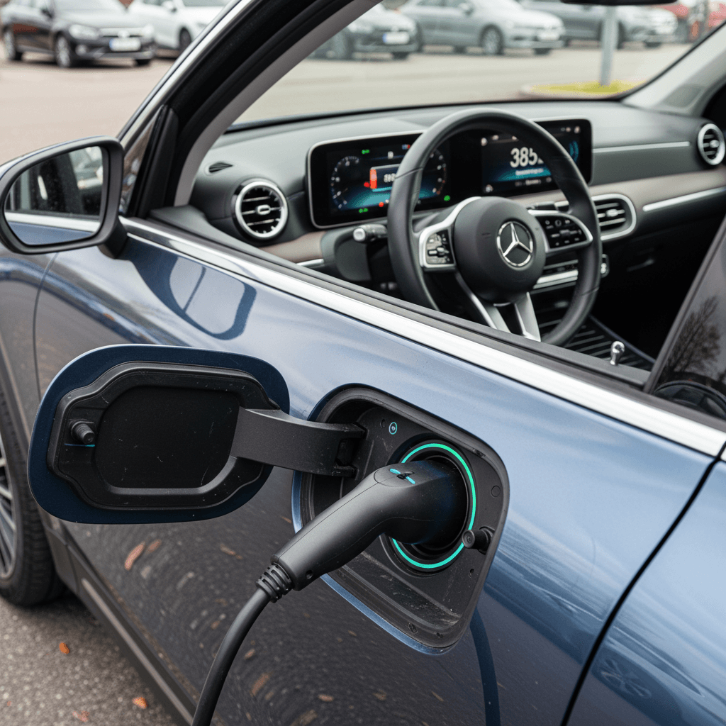 Mercedes EQB charging port and digital range display highlighted to show importance of battery health when selling