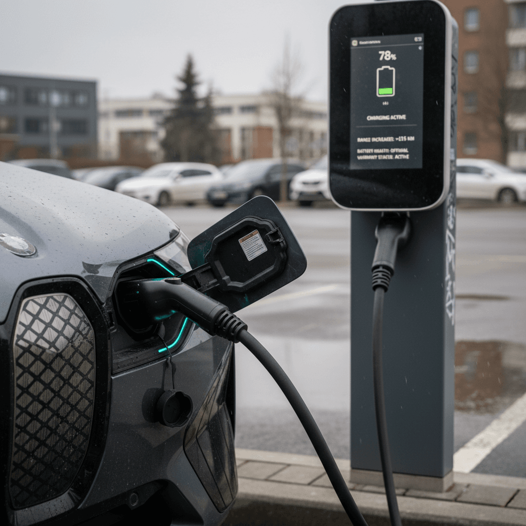 Fiat 500e plugged into a public charging station, focusing on the charging port and cable connection