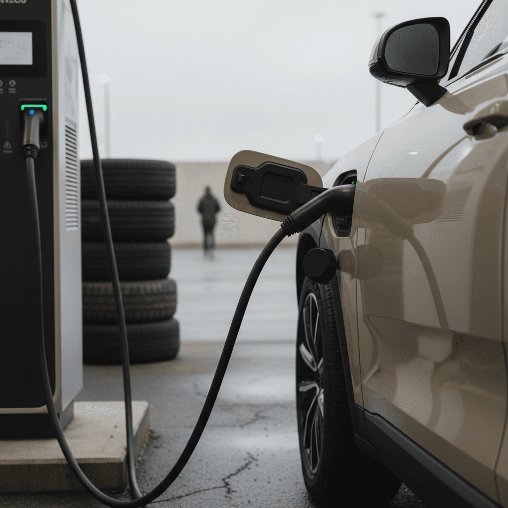 A 2026 Volvo EX90 plugged into a public DC fast charger, highlighting its charging port and minimalist exterior design