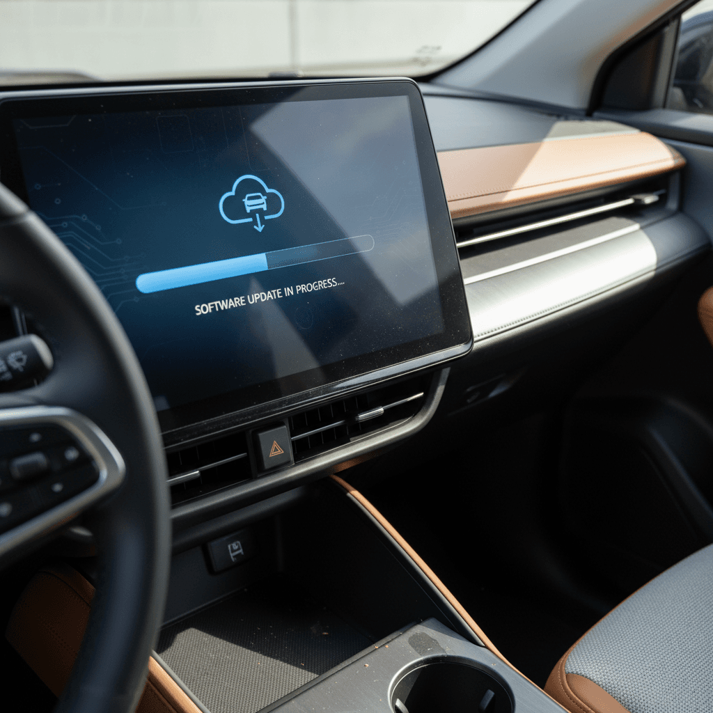 Electric vehicle interior close up of central touchscreen with software update progress bar while car is parked