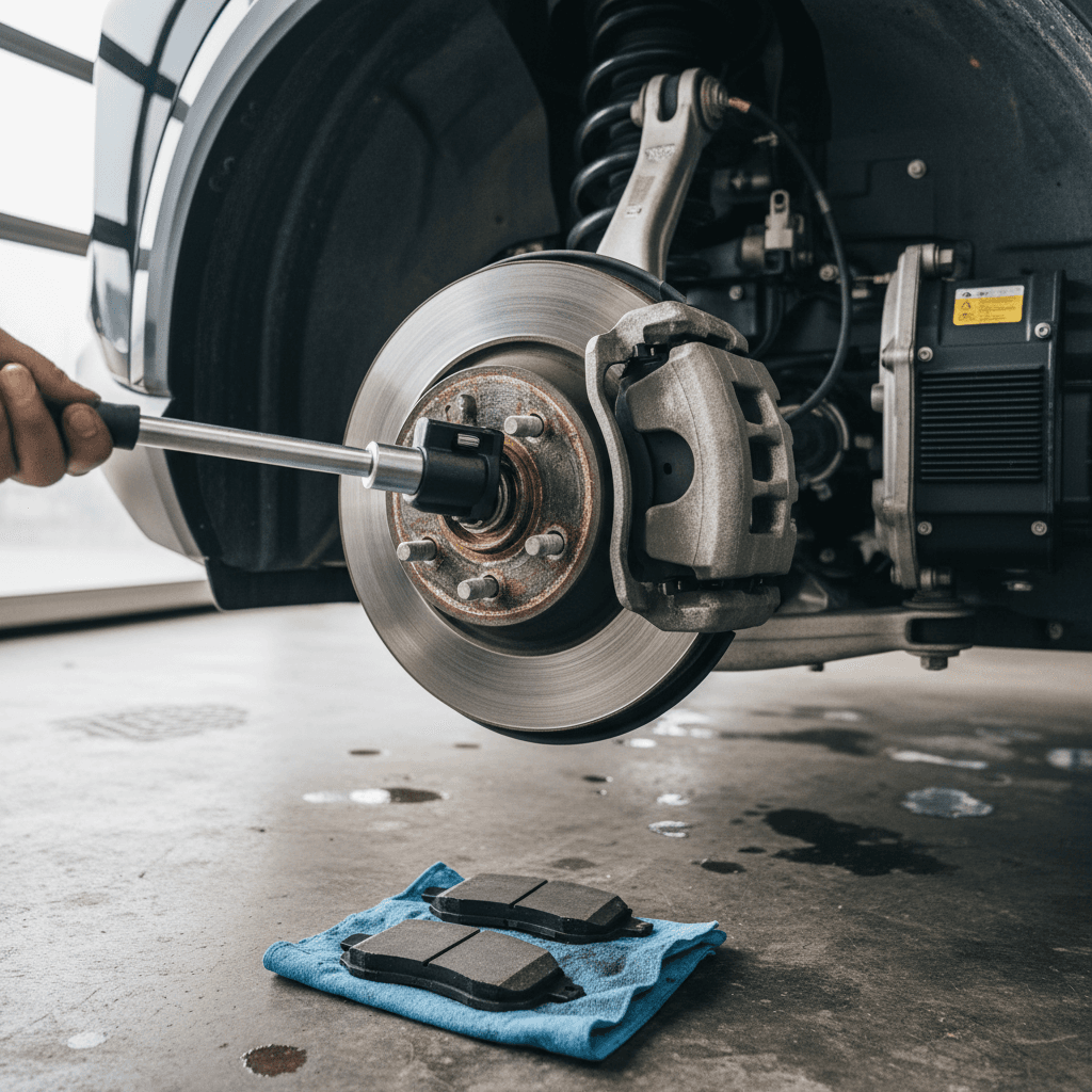 Mechanic replacing front brake pads on a modern electric crossover with the wheel removed