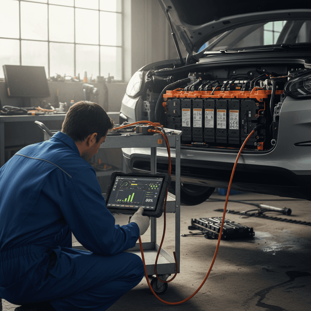 Technician using a diagnostic tablet to test an EV battery’s health before resale