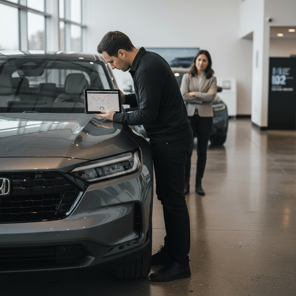 Dealer evaluating an electric SUV’s trade-in value using a tablet while the owner waits nearby