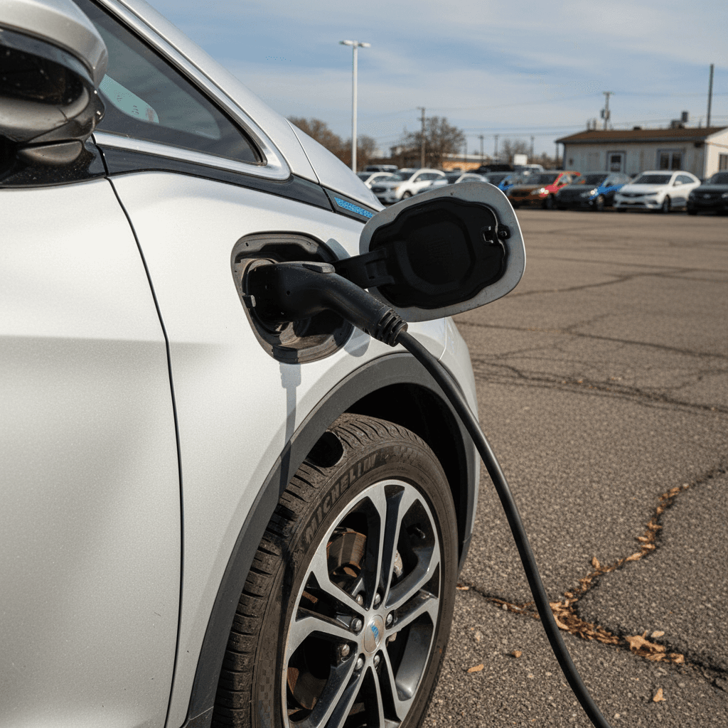 Row of used Audi Q4 e-tron SUVs parked with price stickers in the windshield