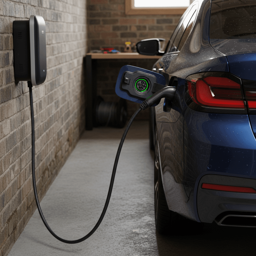 BMW i5 plugged into a charger showing rear quarter and charge port detail