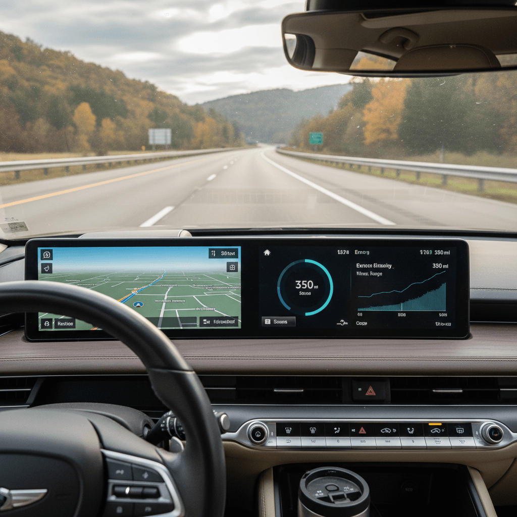 Driver’s view from inside a Genesis GV60 using navigation and energy display while cruising on the highway