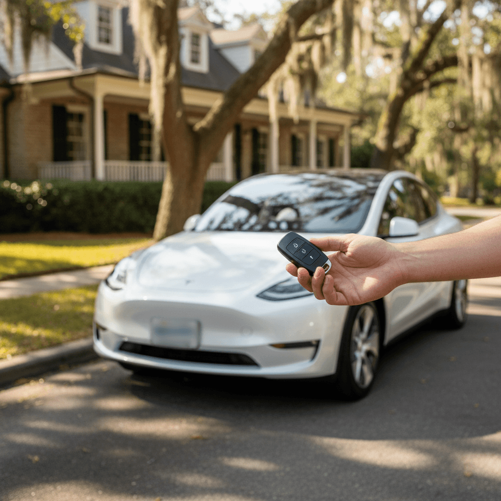 Seller and buyer completing paperwork beside a white Tesla Model Y parked in a quiet South Carolina neighborhood street